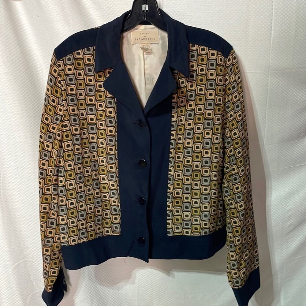 Design by Pat Argenti 10 navy taupe graphics 💯 silk lined jacket euc